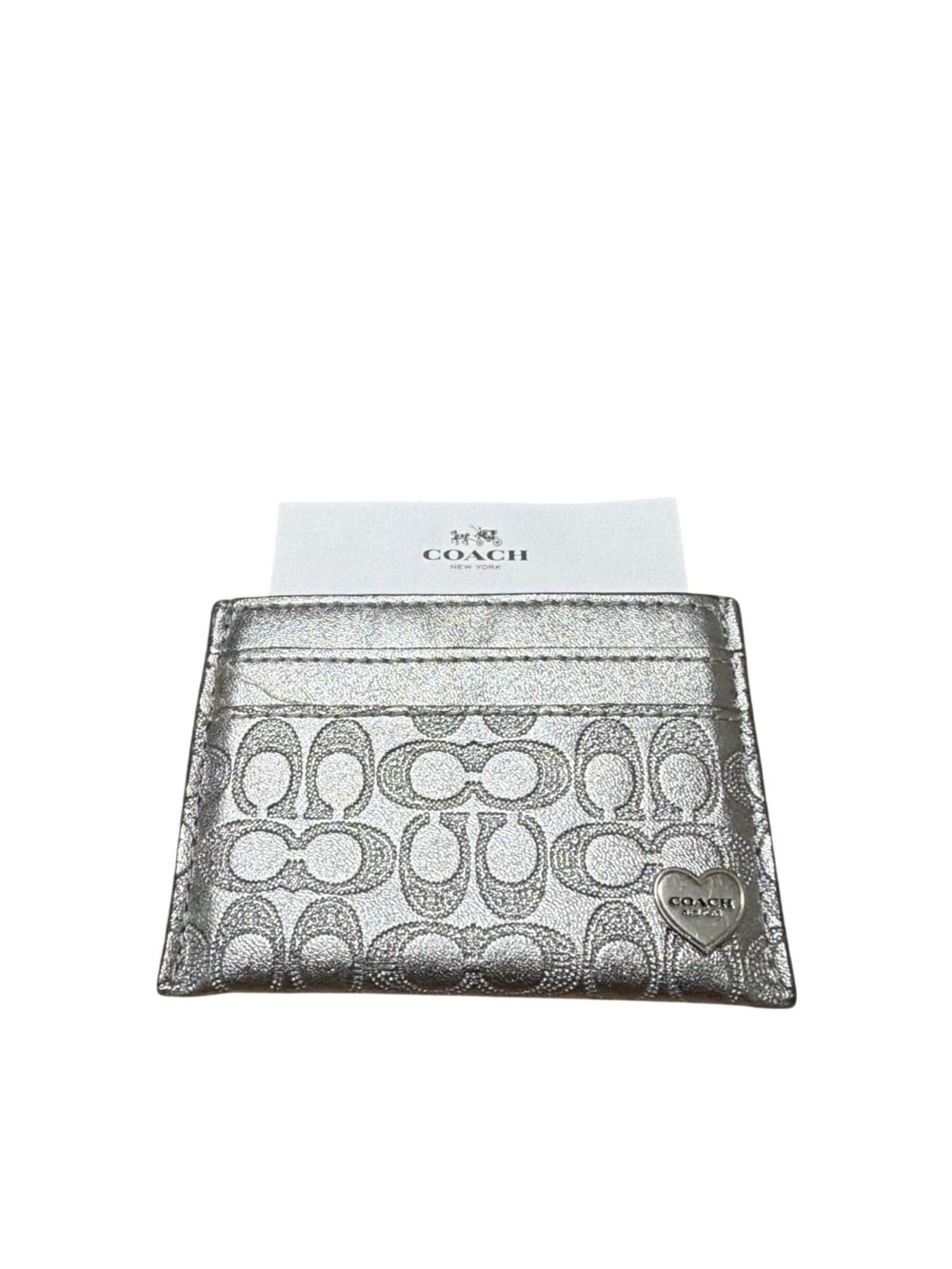 Coach Silver Metallic Signature Card Holder with Heart Logo